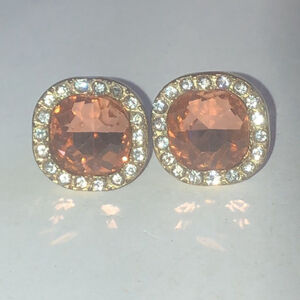 Gold Tone Pink/Orange Amber CZ Square Stud Pierced Earrings